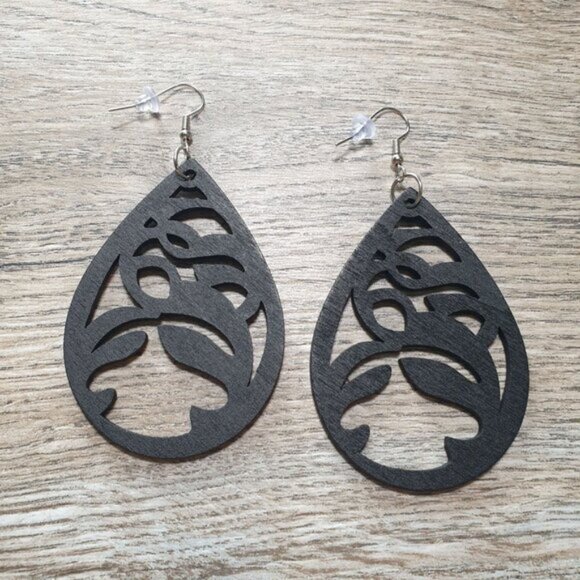 Earring Laser Cut Wood Black Teardrop Cutout  Design Wood Fishhook Backings Wome - Picture 1 of 4